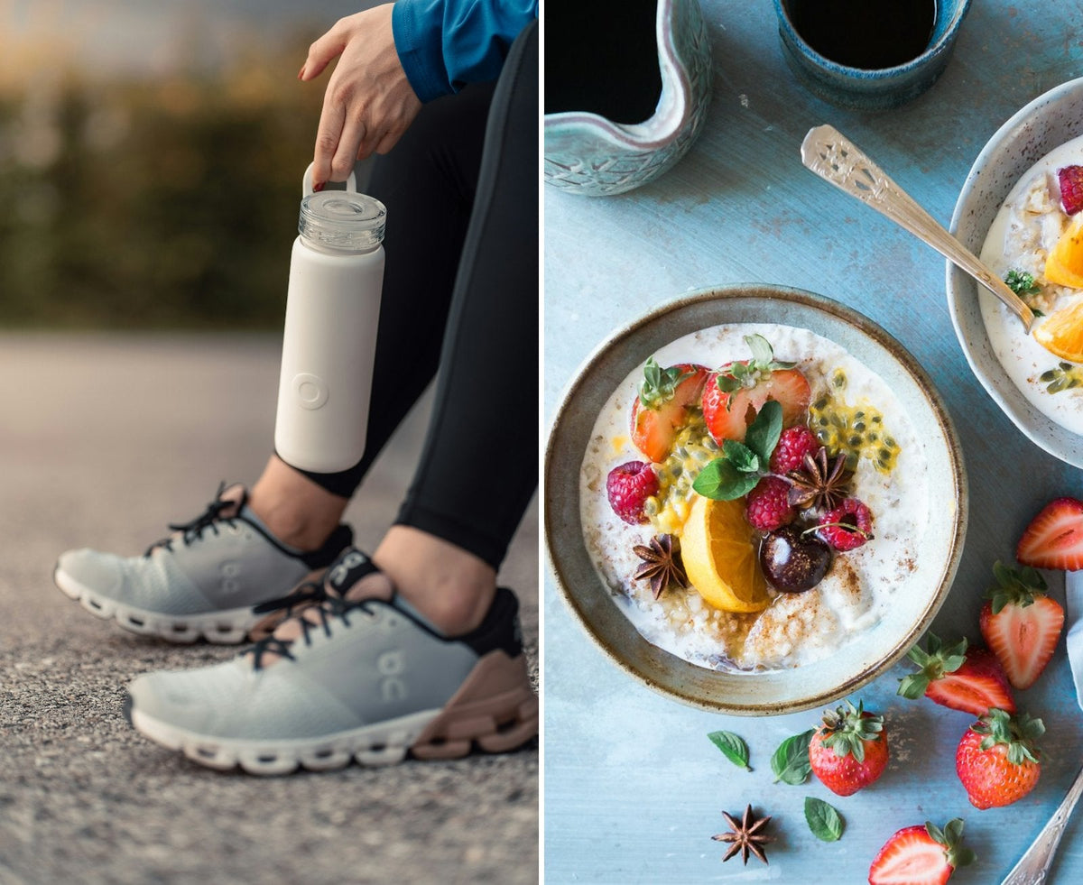 Running shoes and a water bottle next to a bowl of oats and fruit